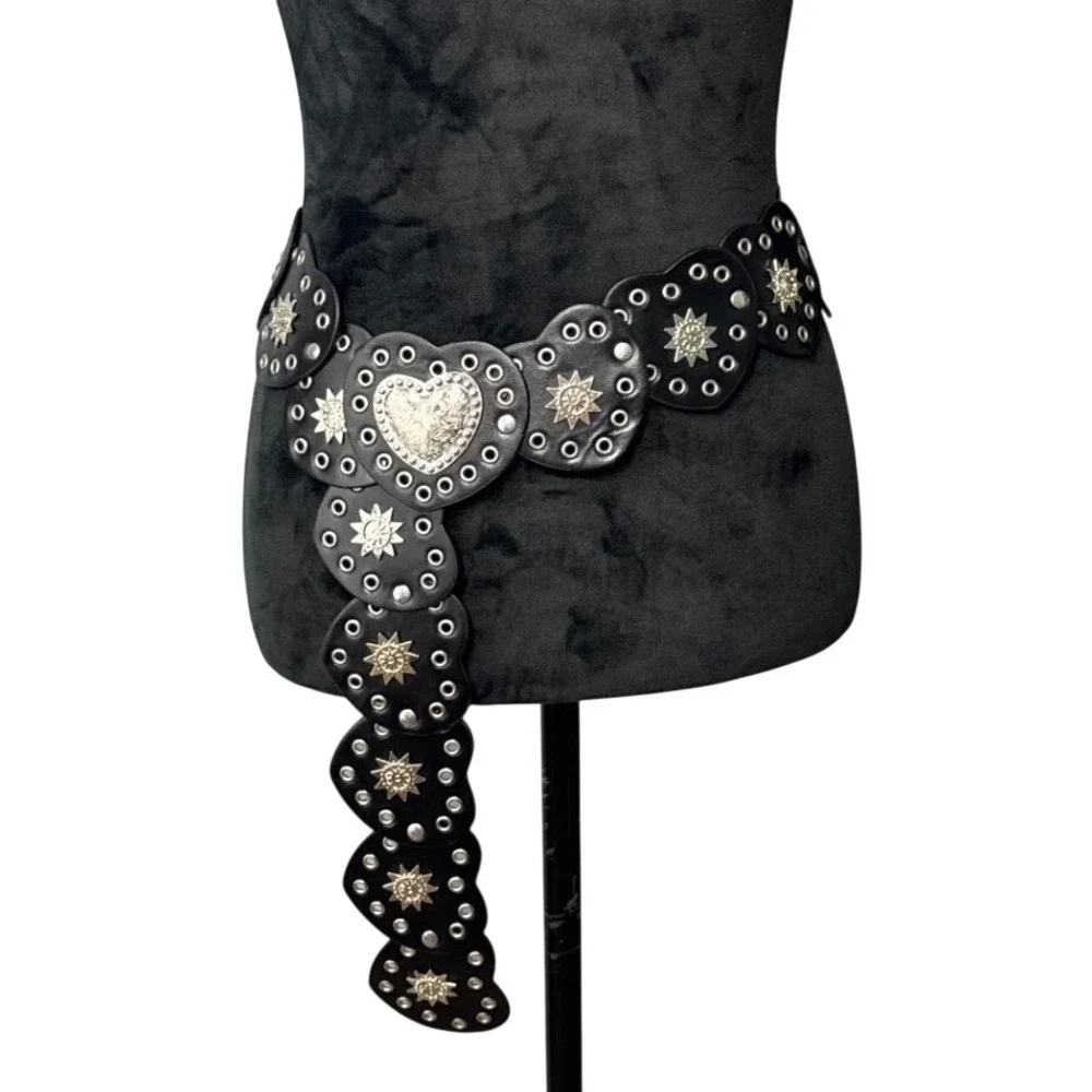 Black Heart Concho Belt Womens Western Boho Silver Grommet Festival 44 Inch